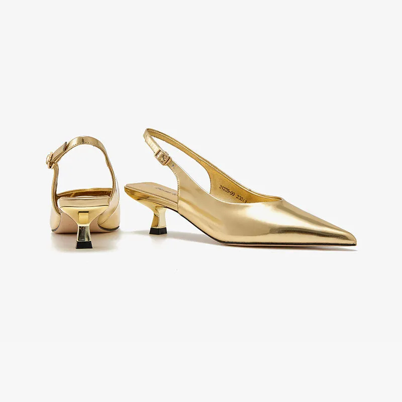 Beautoday Designer Metallic Leather Stiletto Pointed Toe Kitten Heels Slingback for Women
